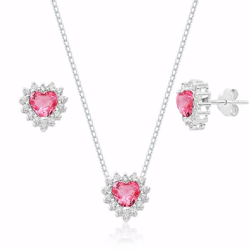 CONJUNTO ZIRCÔNIA BRANCO COM CORAÇÃO CRISTAL ROSA