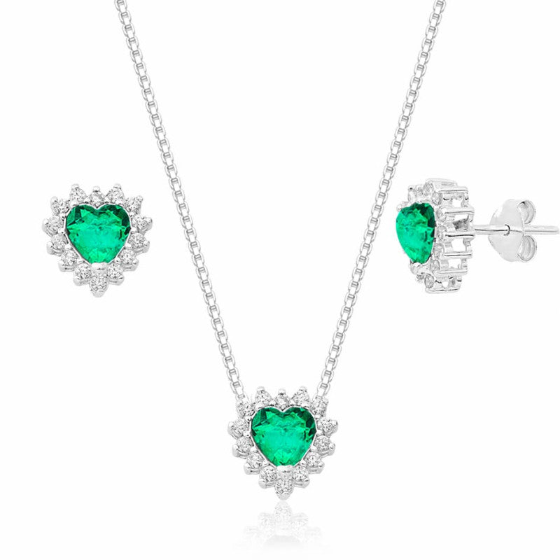 CONJUNTO ZIRCÔNIA BRANCO COM CORAÇÃO CRISTAL VERDE